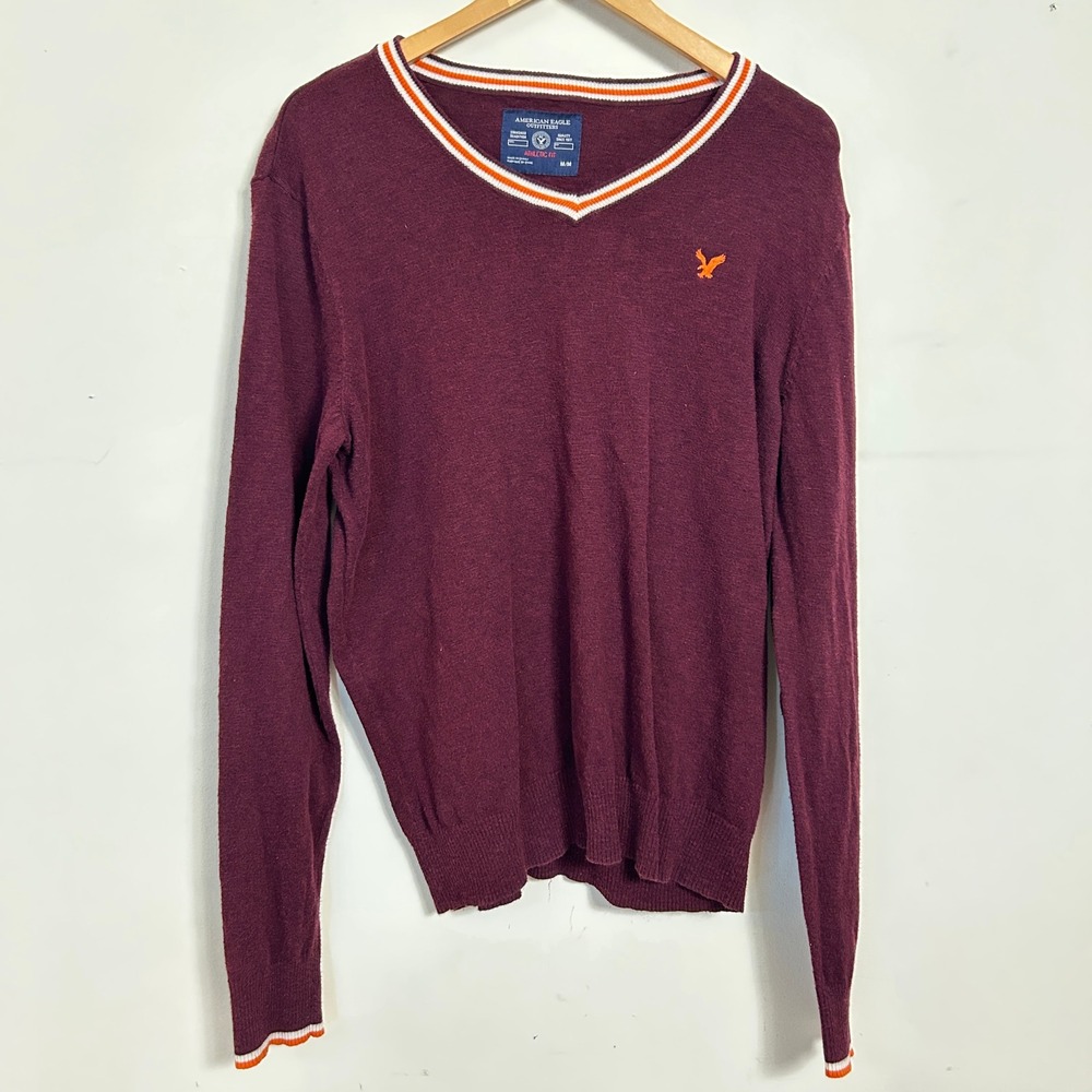American Eagle Sweater‎ Mens Medium Maroon V-Neck Athletic Fit Cotton